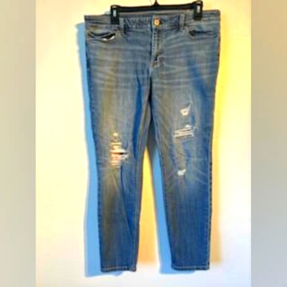 WHBM womens ankle jeans size 14P distress embroidered patch work blue denim